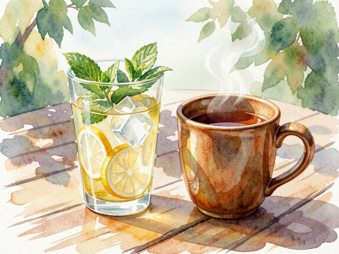 A glass of iced lemonade with mint leaves on a sunlit outdoor patio table with a warm mug of tea alongside.
