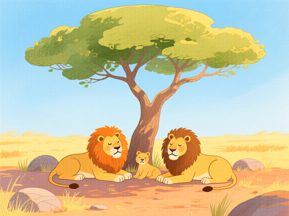 An exciting view of a pride of lions resting beneath an acacia tree.