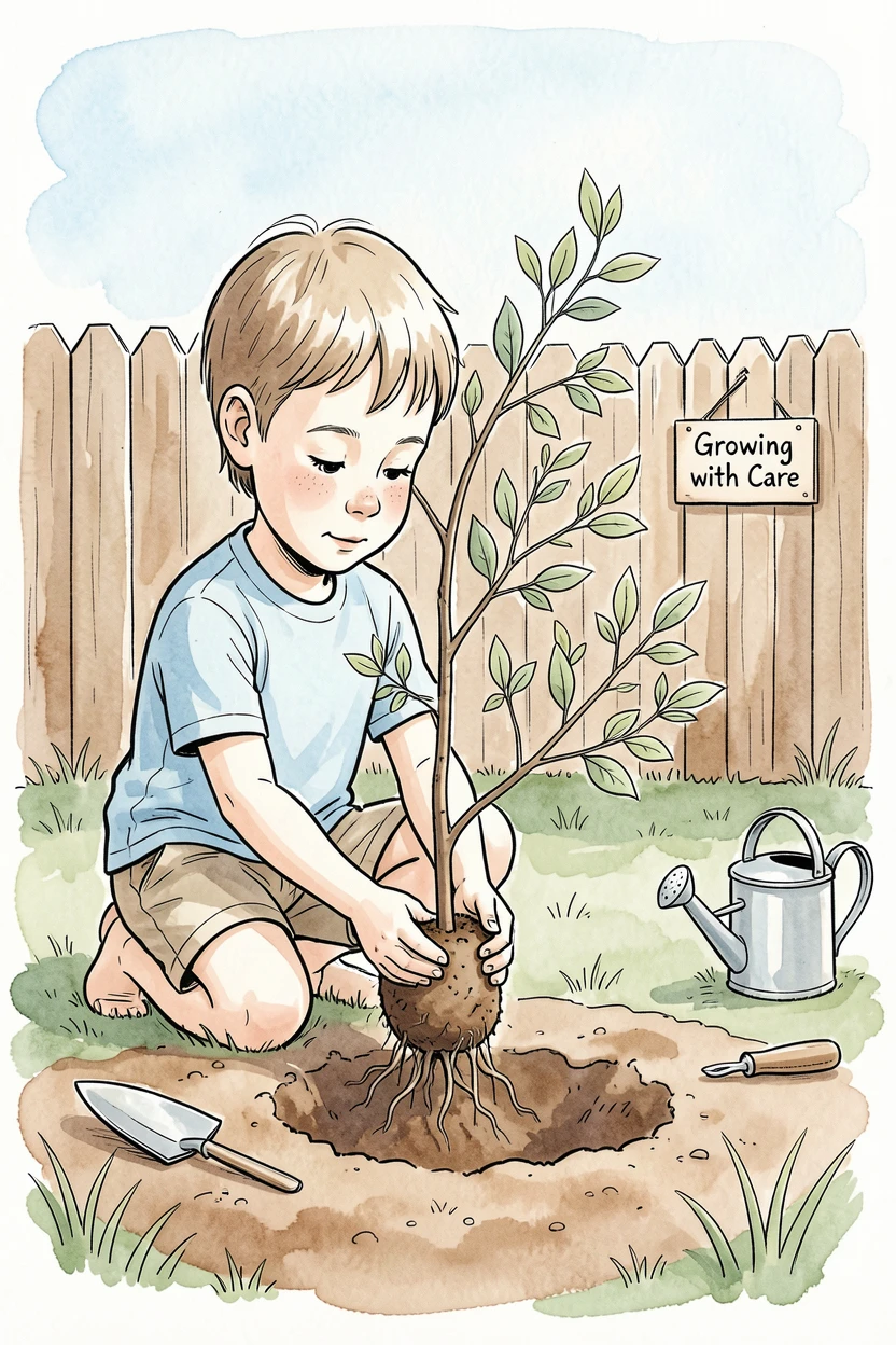 A child planting a small tree in the backyard with careful hands, gentle expressions capturing a fleeting, genuine moment.