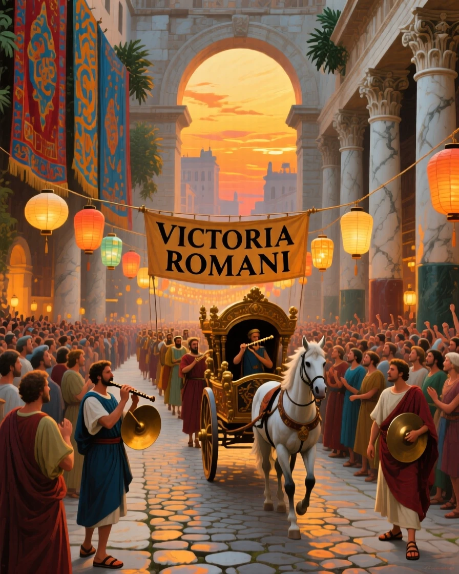 Within a grand hall decorated with tapestries, an ancient Roman forum crowded with columns and archways, townsfolk gathering to watch a passing procession, beneath a canopy of lanterns at dusk.