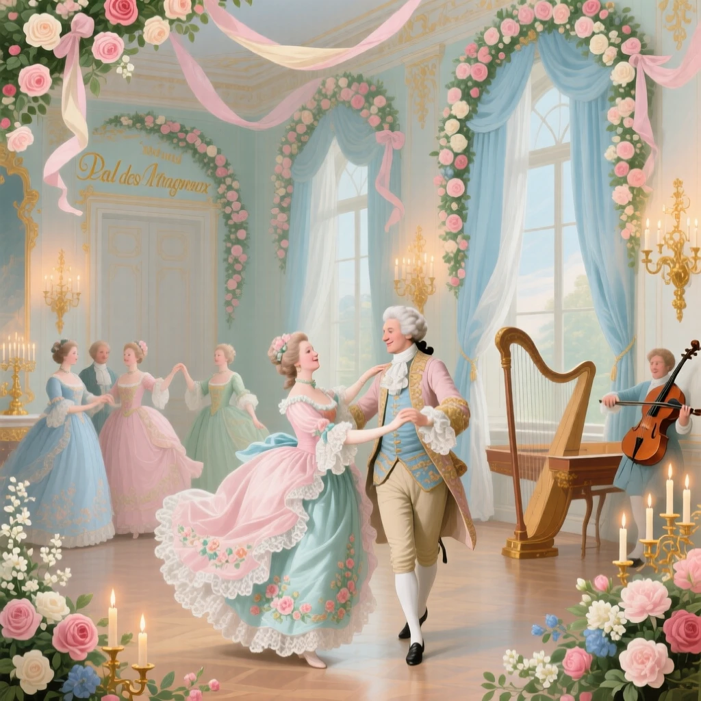 A courtly dance in a hall decorated with garlands and candlelight  