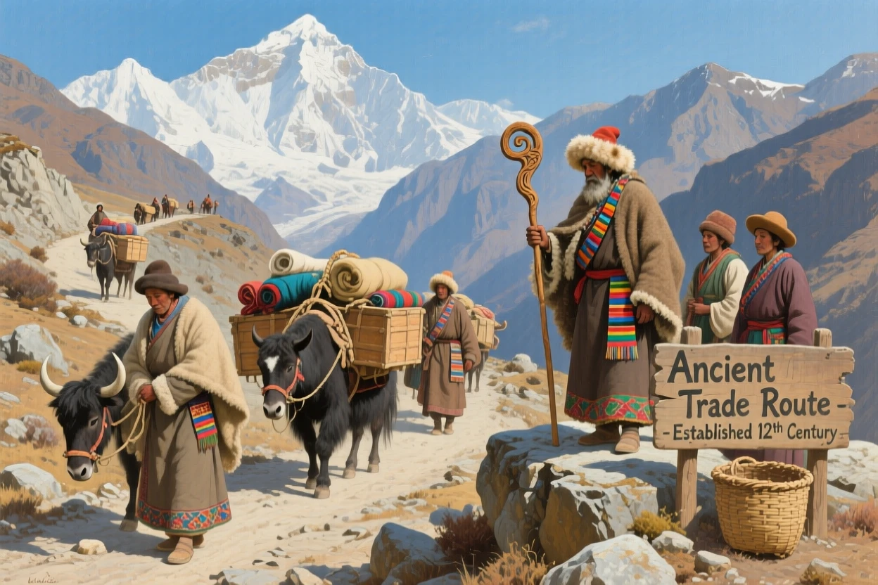 A caravan of traders crossing the Himalayas along an ancient mountain pass, as onlookers in traditional dress watch the scene unfold, capturing the grandeur and detail of a bygone era