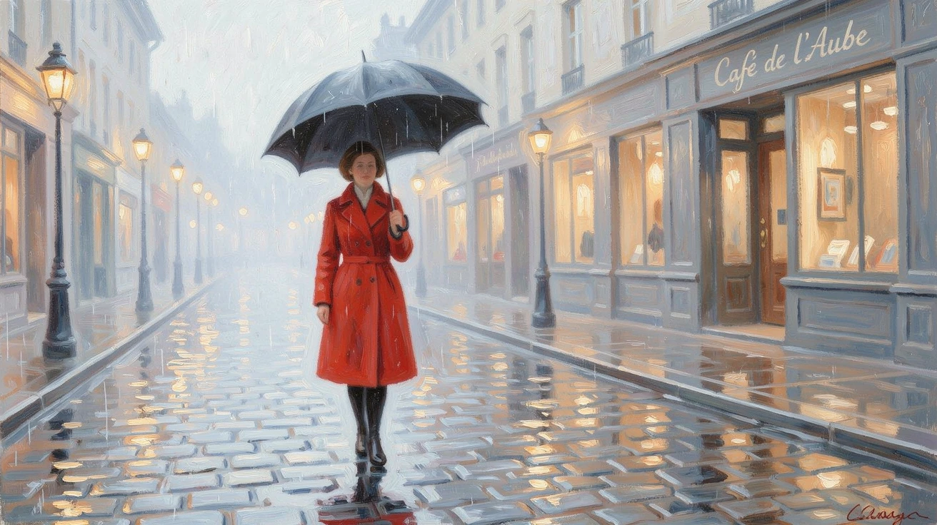 A woman in a red coat crossing a rain-soaked street beneath a black umbrella, city lights reflected in puddles, in the gentle hush of early morning.
