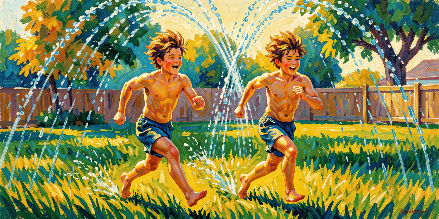 Twin brothers racing each other barefoot across a summer lawn, sprinklers spraying overhead.