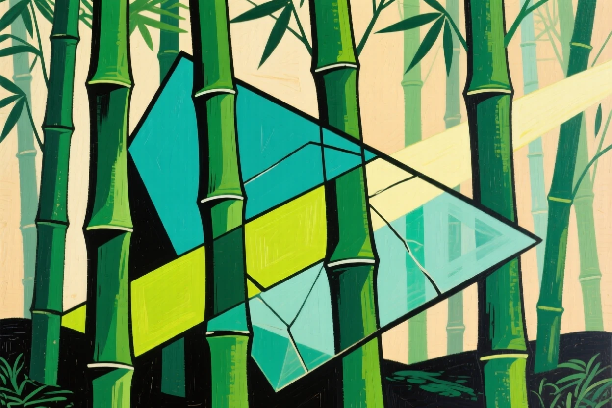 A tranquil bamboo forest with soft light filtering through tall green stalks.