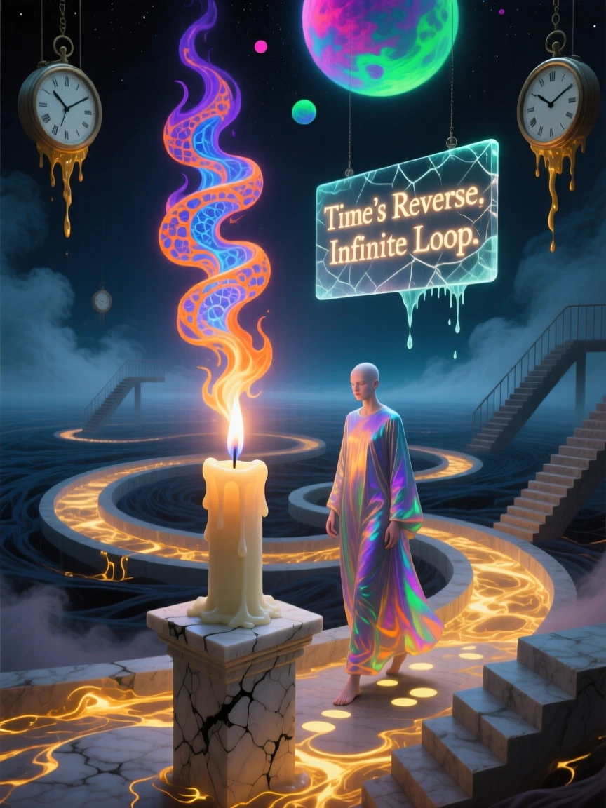 A candle whose flame burns backward, growing taller instead of shorter hums with a strange, looping quality of time, while a lone figure walks calmly through its impossible turns.
