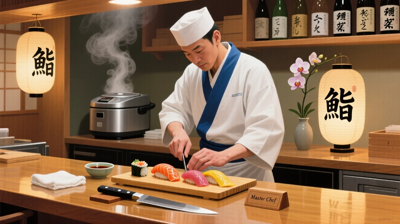 A skilled sushi chef slices fresh fish with precise movements behind a polished wooden counter, steam rising from a nearby rice cooker, a quiet warmth radiating from the interaction, grounded in small authentic details.