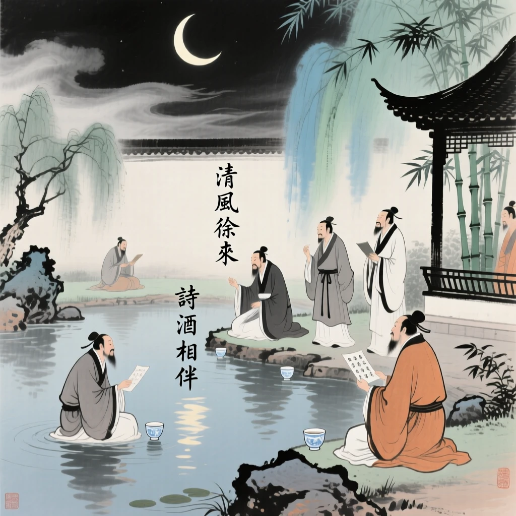 An ancient scholar's garden party with guests composing poems on floating cups, beneath a crescent moon, under a sky streaked with clouds.