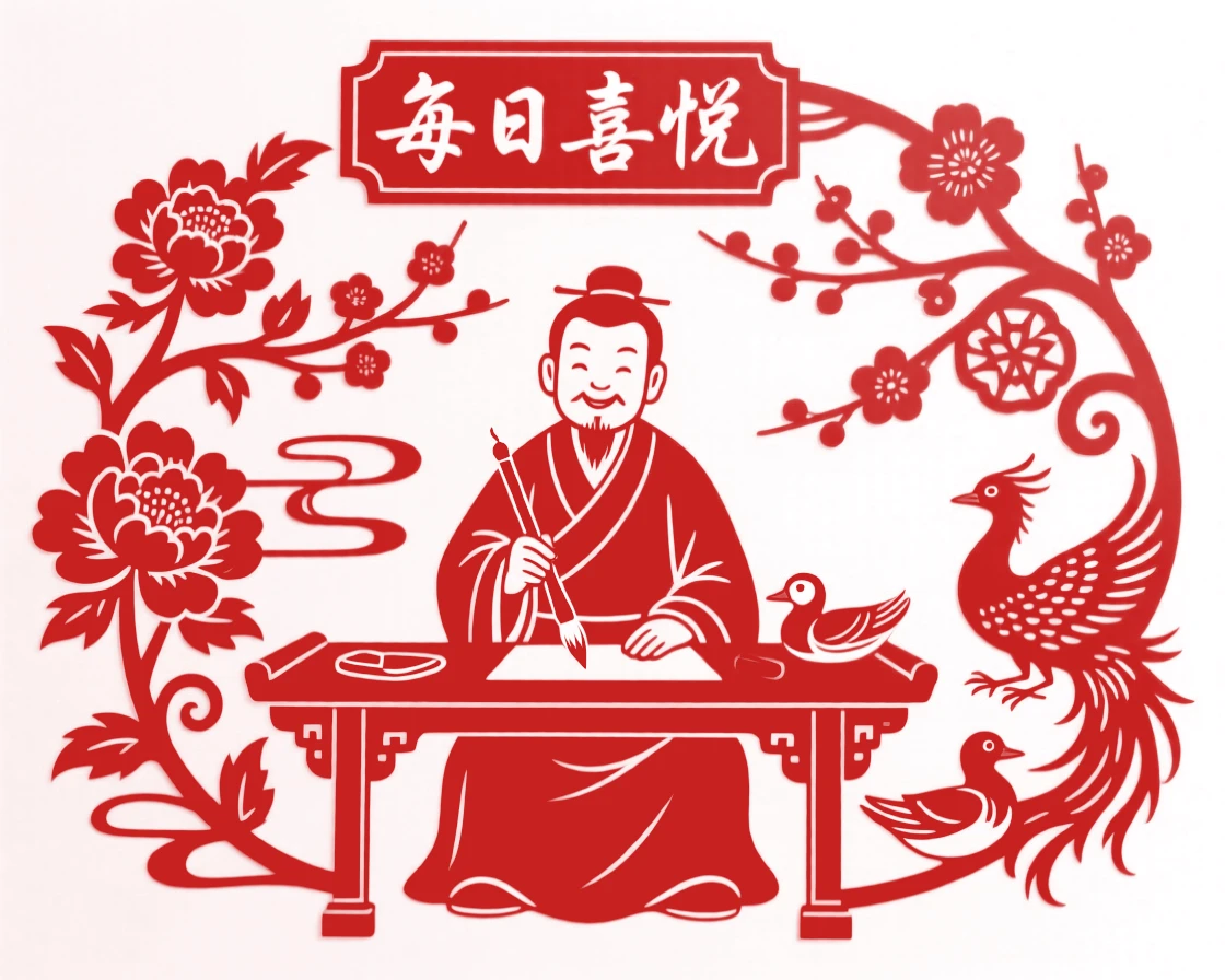 A calligrapher, celebrating a small daily victory with warm smiles, in radiating warmth and everyday tenderness.