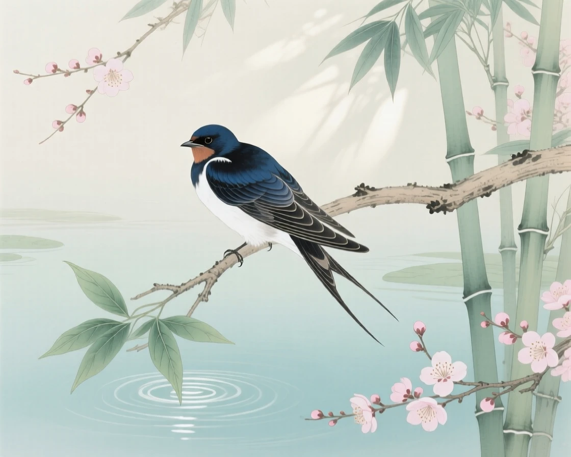 A swallow preening its feathers beside a quiet pond, soft morning light filtering through the branches