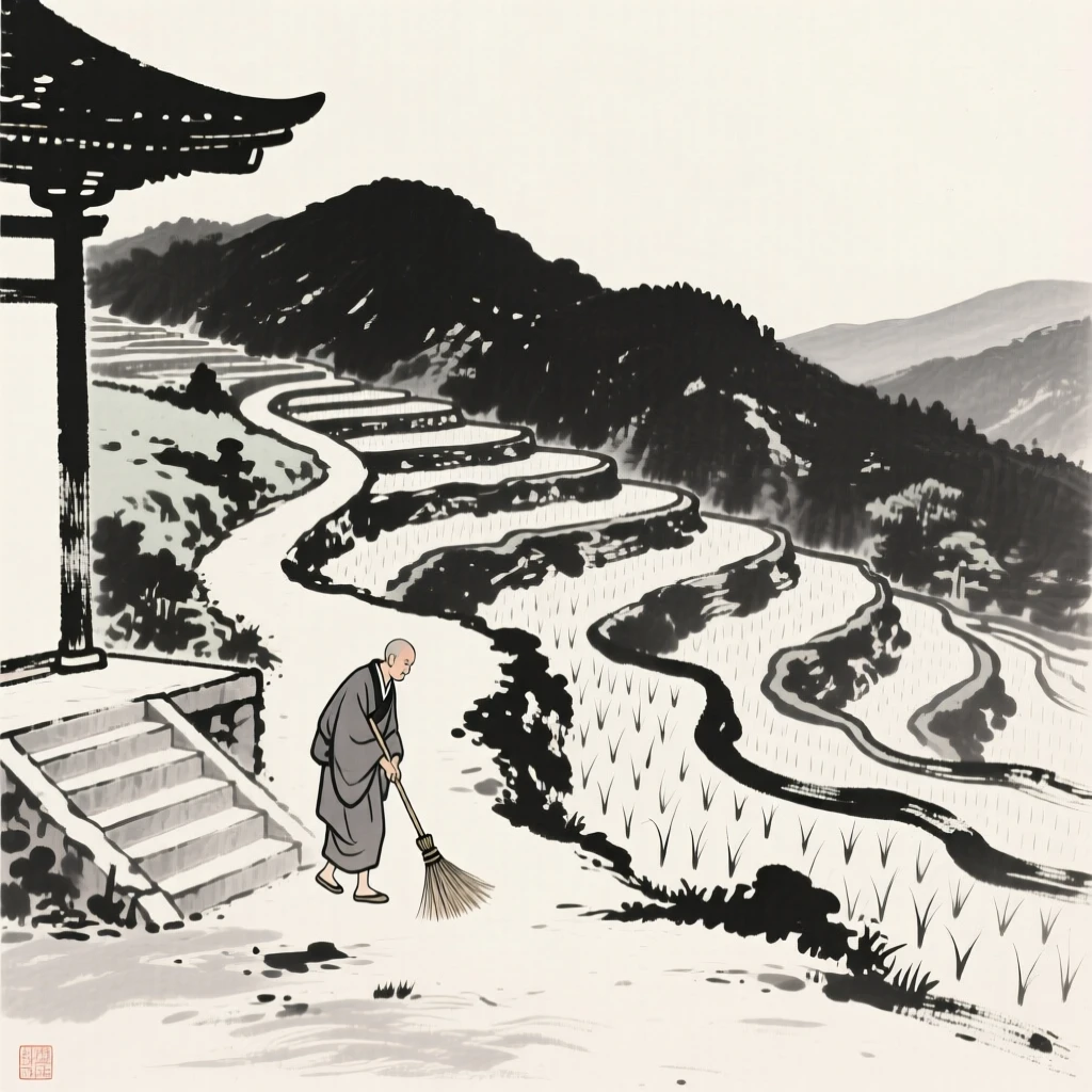 A monk sweeping temple steps walking slowly along a mountain path beside a terraced rice field, framed small within a vast, quiet landscape, conveying quiet devotion and simple contentment.