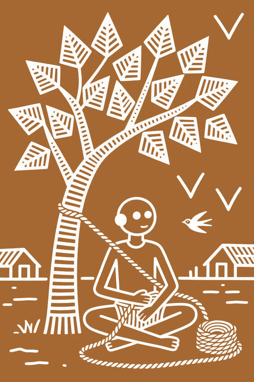 A rope maker resting briefly under a tree during a break.