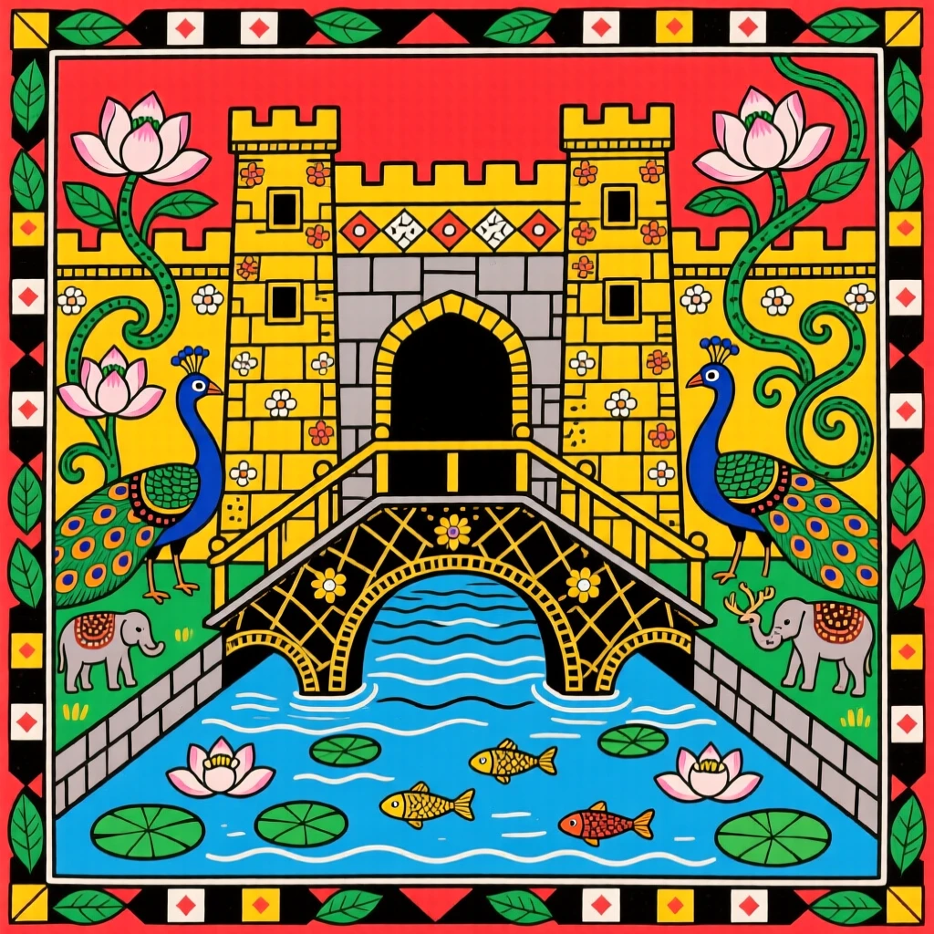 A drawbridge lowering over a moat before an ancient stone fortress.