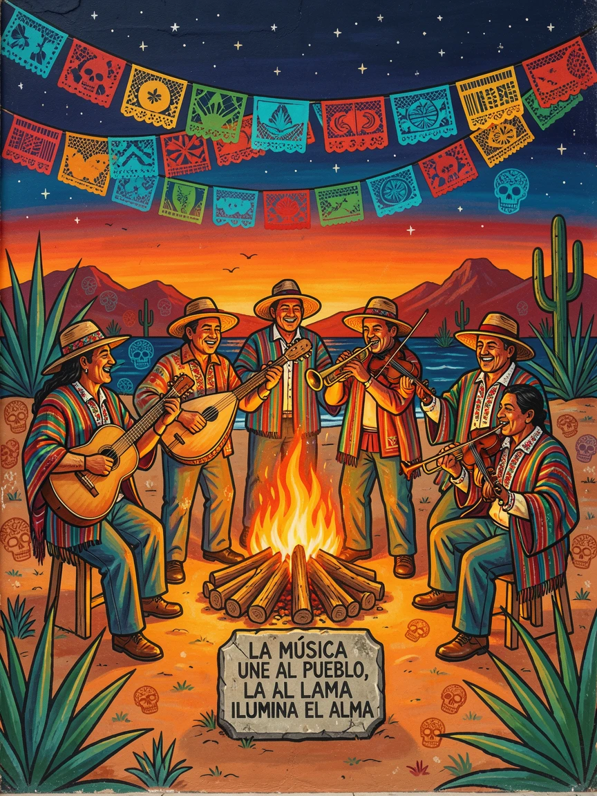 A group of musicians playing around a bonfire on the beach