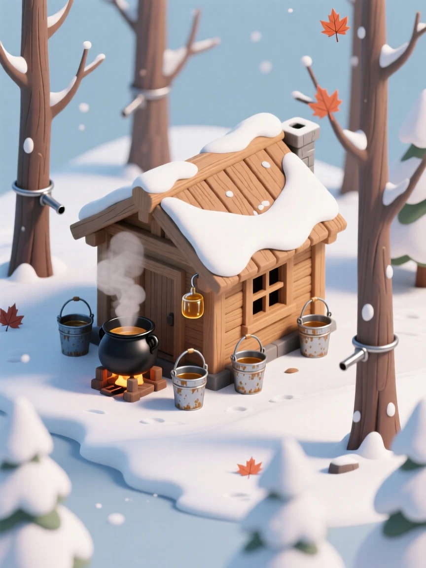A quaint syrup shack in a snowy forest, buckets collecting sap from tapped maple trees, and steam rising from a boiling pot inside.