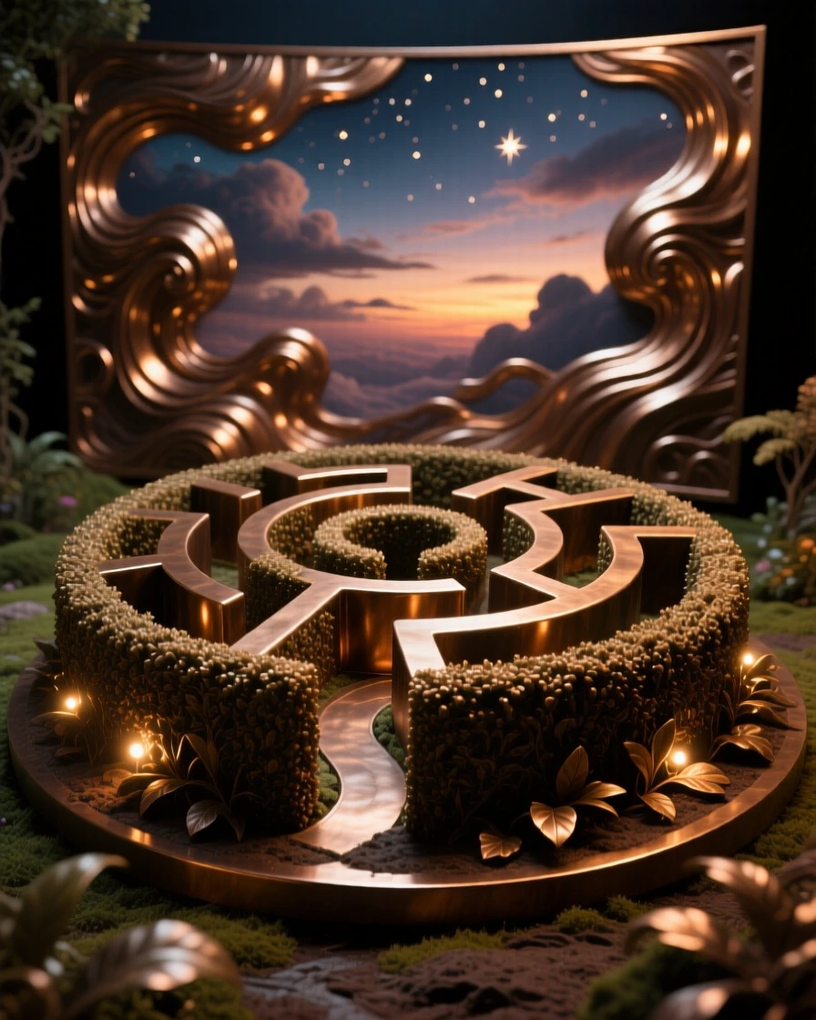 An enchanted garden maze glowing at twilight, set against a surreal, otherworldly sky, transporting the viewer to another world