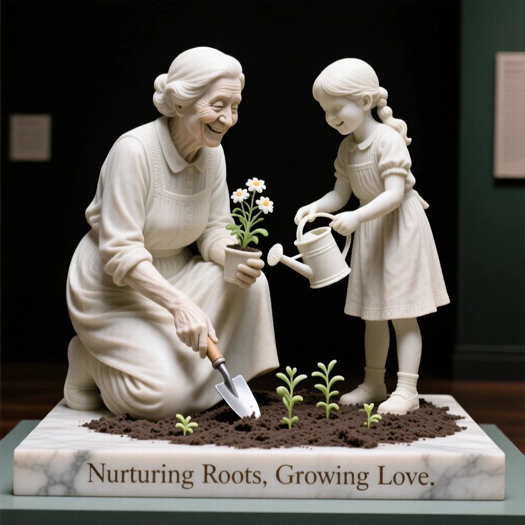 A joyful scene of a grandmother and granddaughter gardening together, capturing warmth, togetherness, and belonging