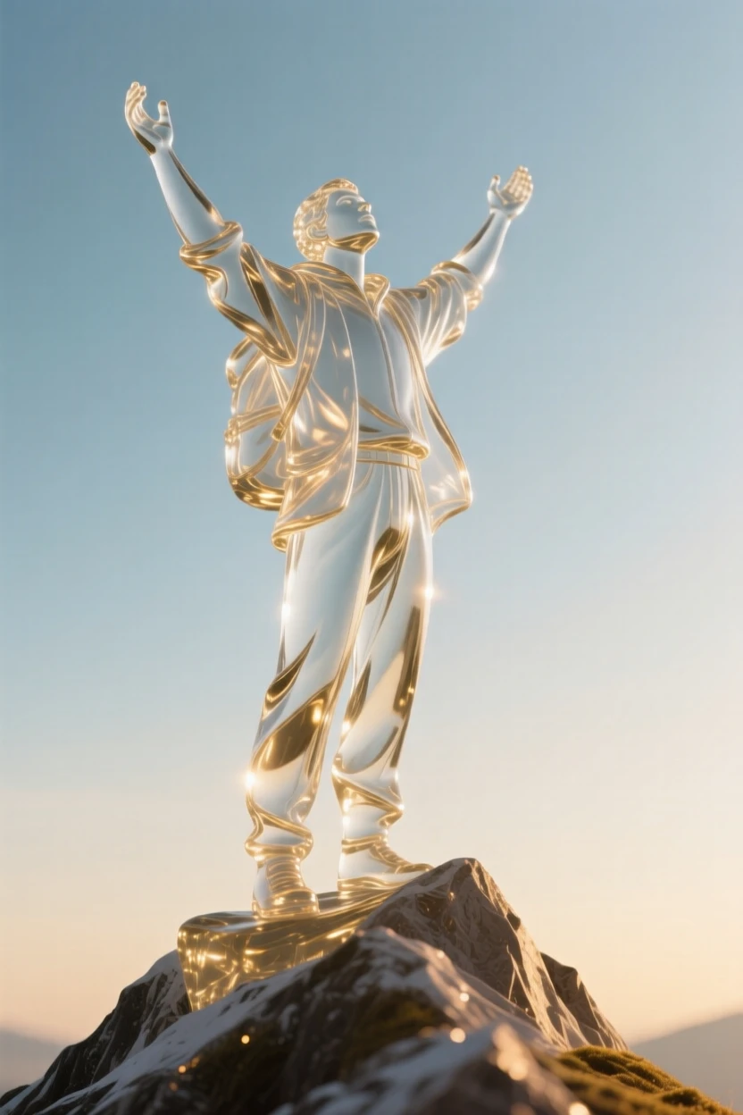 A traveler standing atop a mountain summit, arms raised captured in a candid, unposed moment, golden hour light wrapping around the figure, feeling authentic and moving.