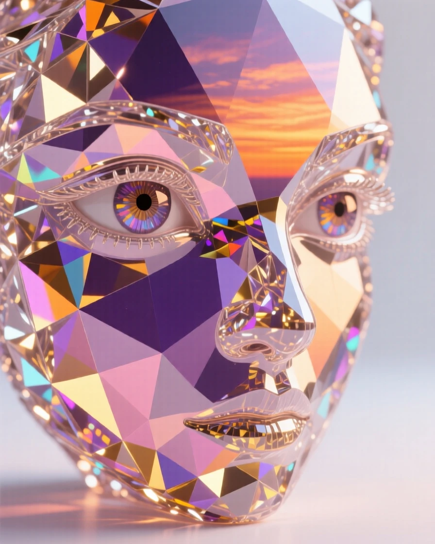 A close-up portrait of piercing eyes reflecting the colors of a sunset sky.