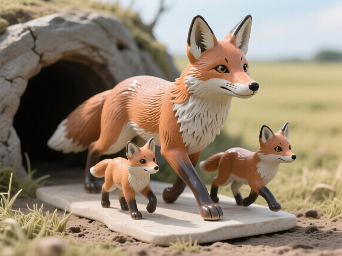 A family of foxes at a den entrance captured mid-stride across an open field, its eyes wide with gentle curiosity, filling the scene with playful, heartwarming charm.