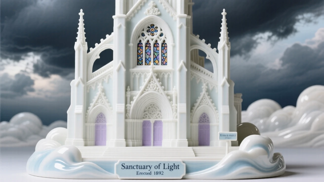 A grand view of a grand cathedral facade, framed by dramatic storm clouds clearing.