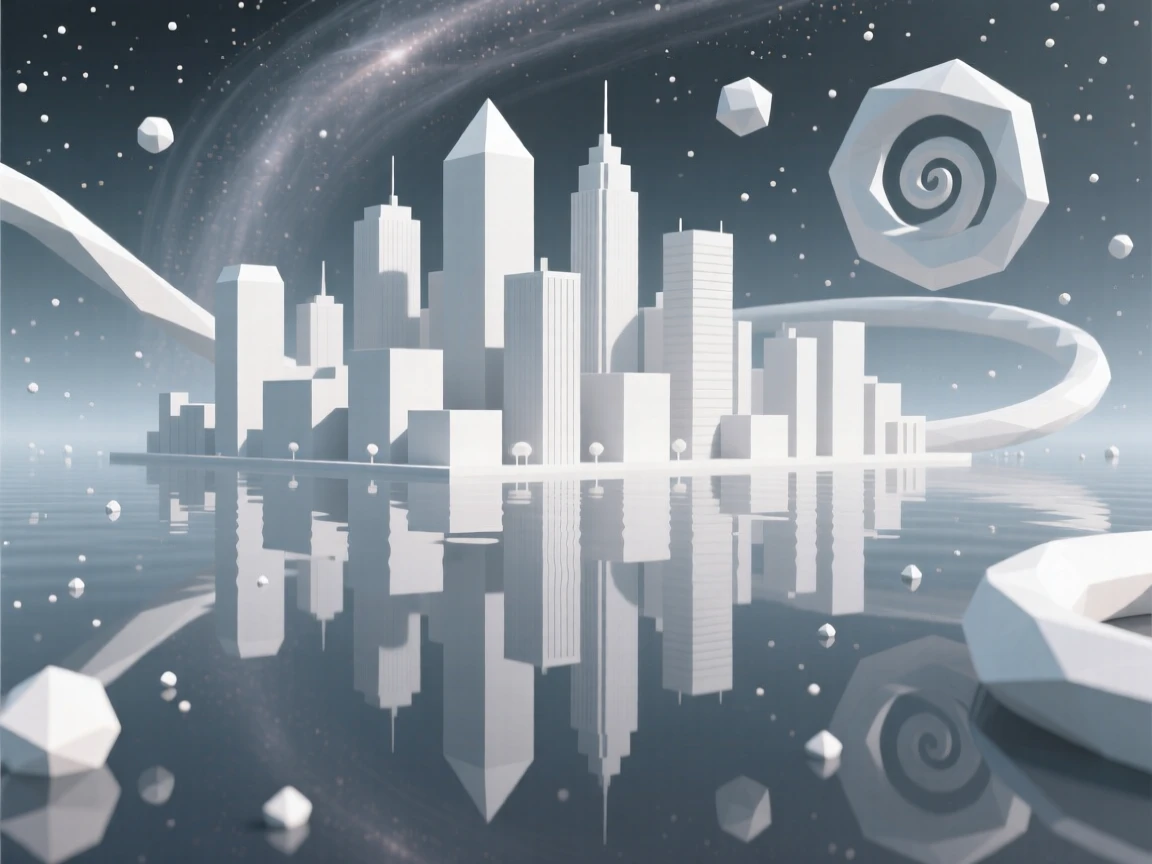 A city skyline reflected upside down in still water, surrounded by swirling cosmic dust. fine particle detail adds texture to the vast space. A gentle, surreal beauty fills the composition.