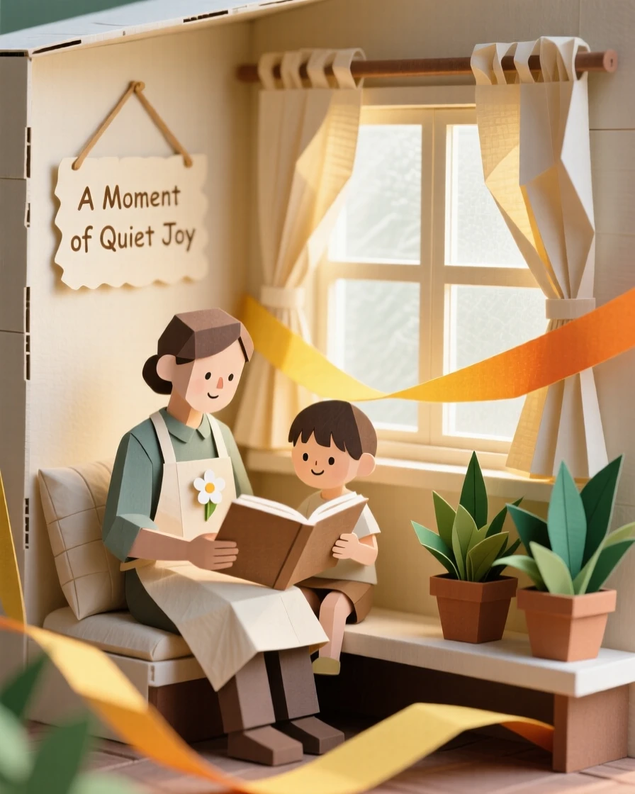 A dedicated gardener reading together in a cozy window nook, with warm golden light wrapping around them, conveying nostalgia and gentle happiness.