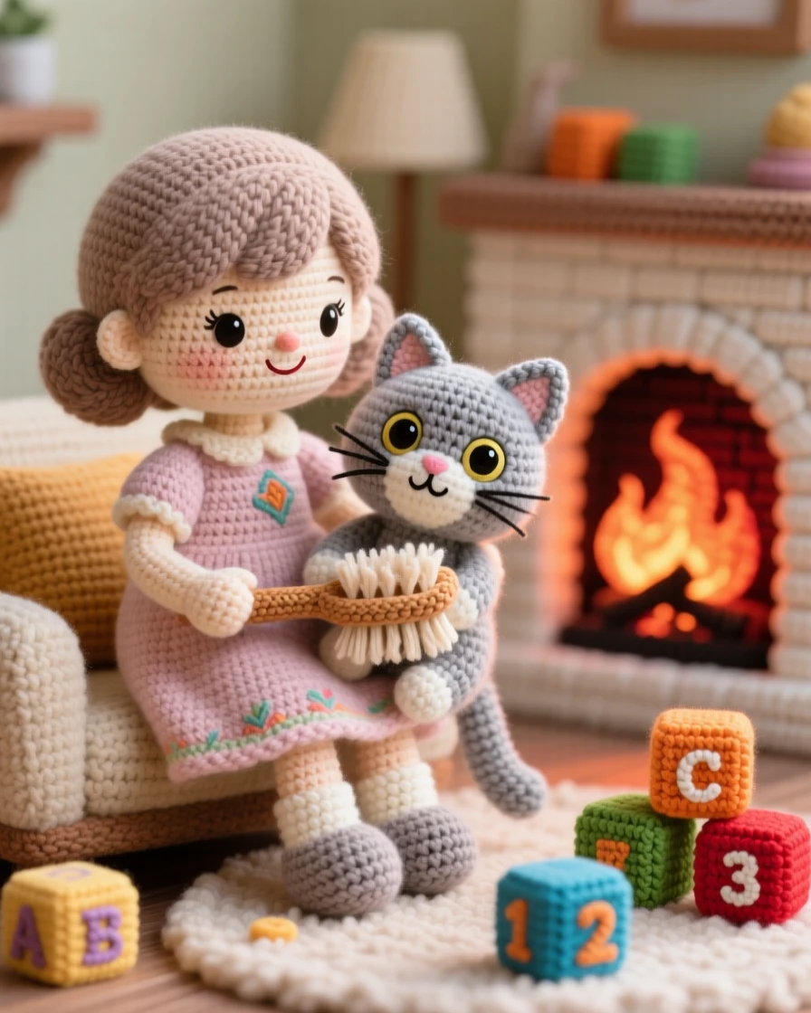 a little girl brushing her cat's fur, with a small soft brush, is shown grooming her pet gently on her lap within a warm living room lit by a crackling fireplace beside a scattering of colorful toy blocks, capturing gentle contentment in a small daily ritual.