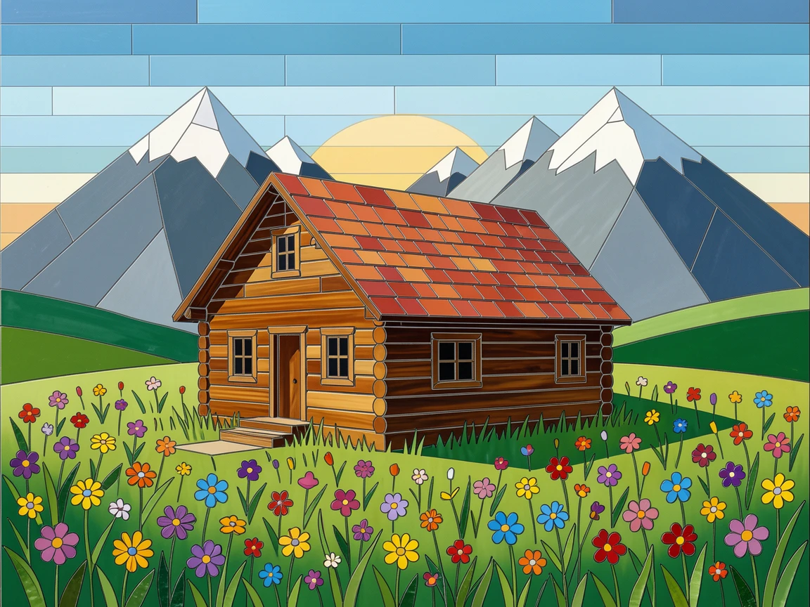 A rustic log cabin surrounded by wildflowers in a mountain meadow.