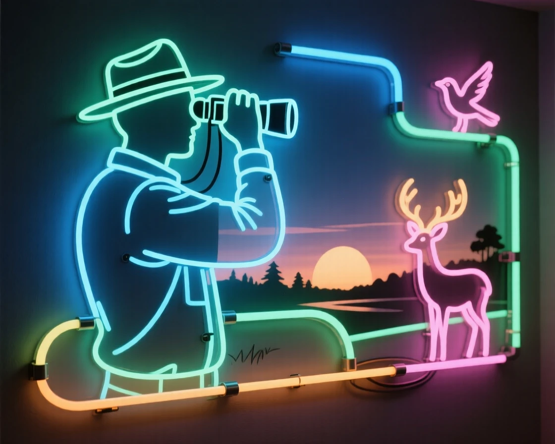 A park ranger observing wildlife through binoculars at dawn.