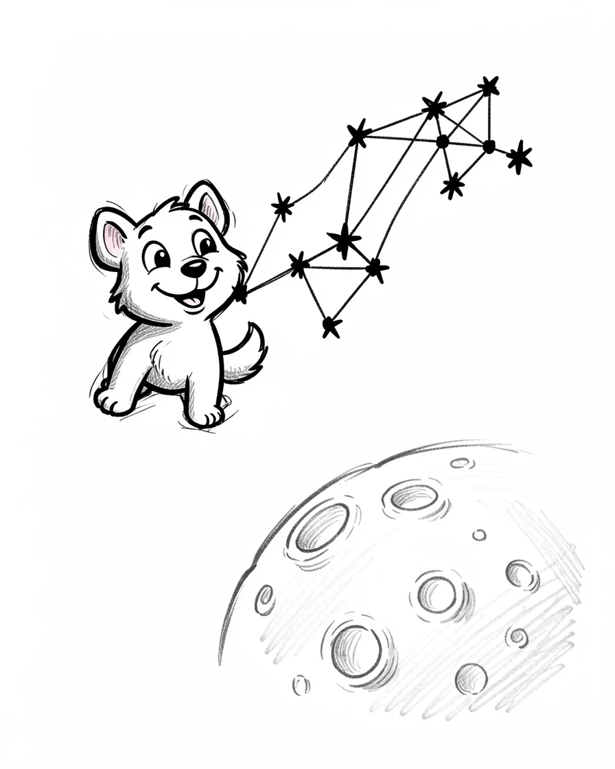 A constellation shaped like a friendly animal beside a cratered lunar landscape.