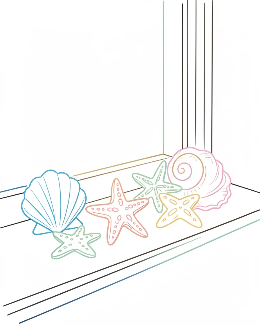 A collection of seashells and starfish arranged on a windowsill.