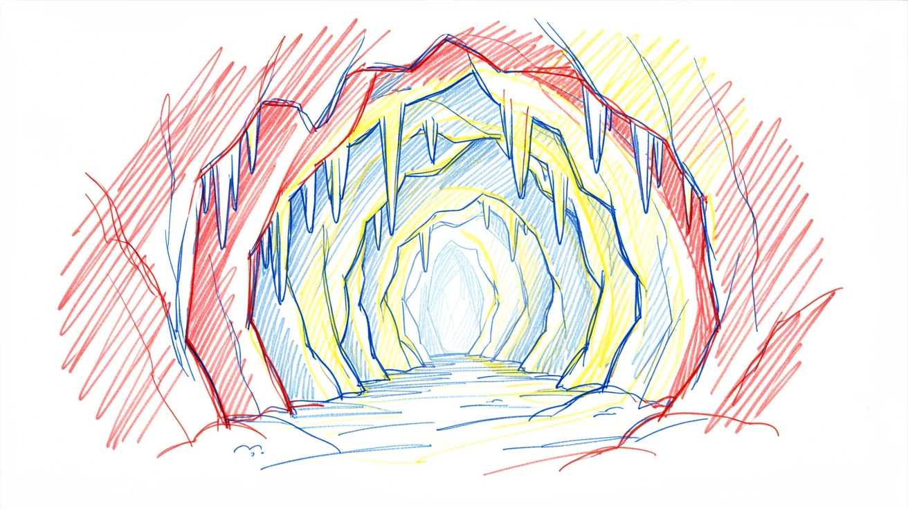 A grand ice cave glowing blue deep within a glacier