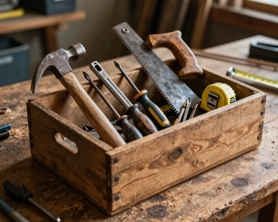 A rustic wooden toolbox filled with hand tools