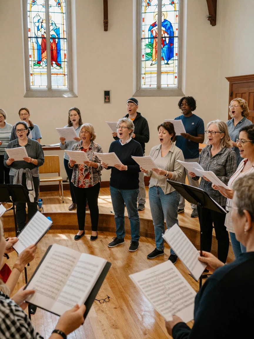 A community choir rehearses in a sunlit church hall, sheet music in hand.