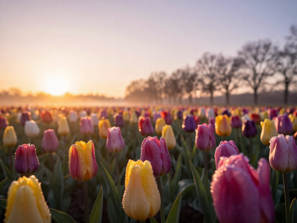 A field of blooming tulips glistening with fresh dew at sunrise