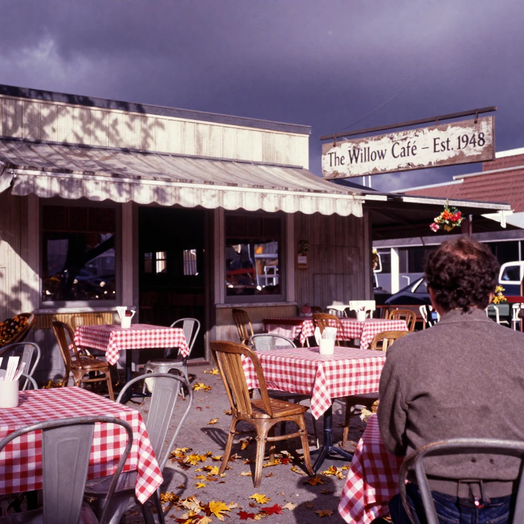 An outdoor café with mismatched chairs and checkered tablecloths, under harsh midday sun, under a darkening storm sky, as autumn leaves turn gold and red, in dusty lavender and rose tones, over the shoulder of the main subject.