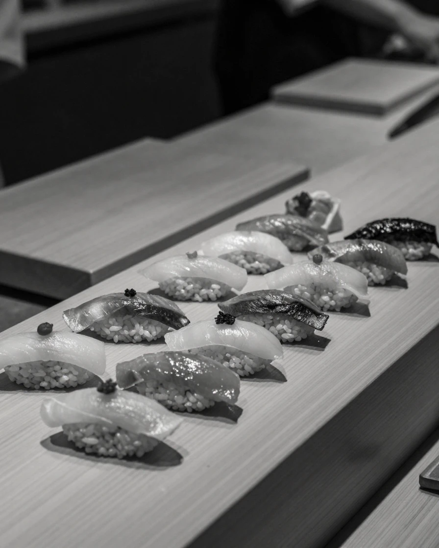 A colorful sushi platter is arranged with delicate precision on a polished sushi counter.