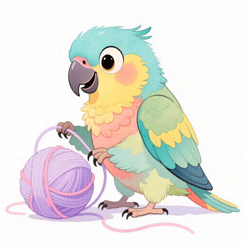 A colorful parrot playing with a ball of yarn