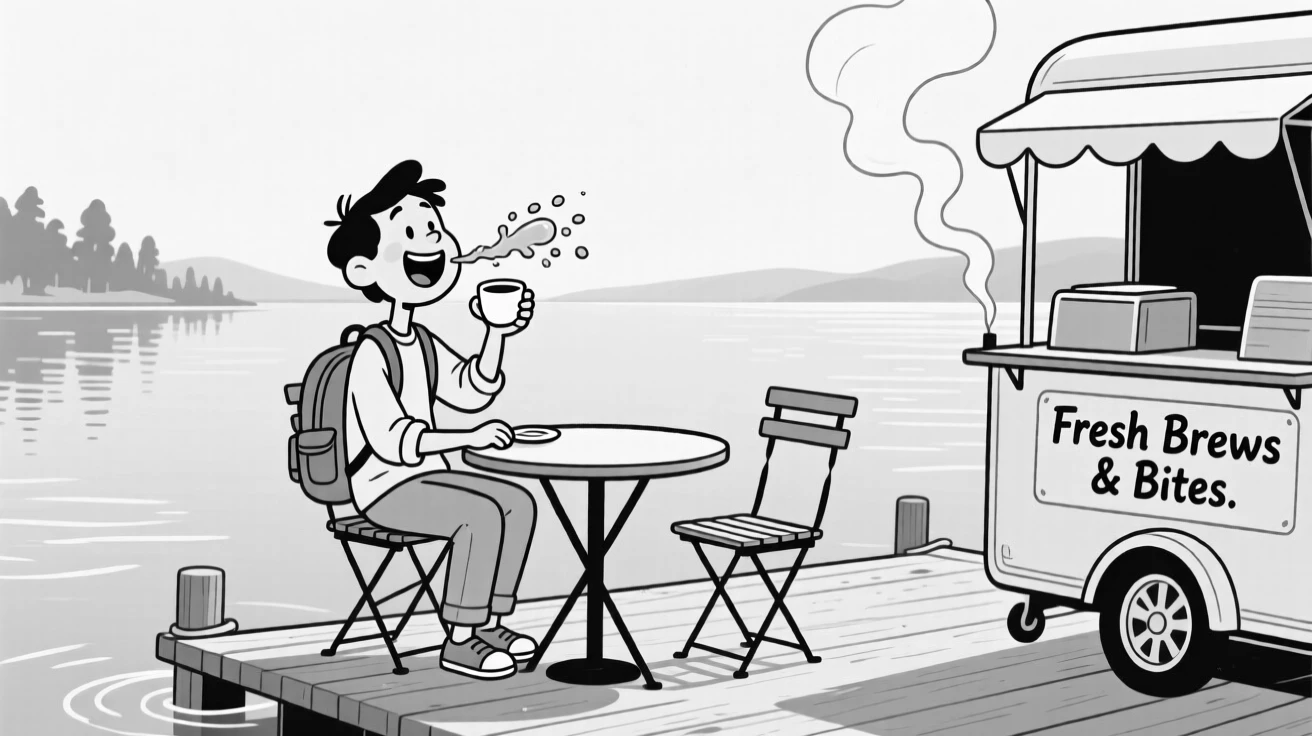 A solo traveler sipping coffee at a sidewalk cafe, spitting out water with a delighted laugh, set floating on a calm, glassy lake. Steam rises from a nearby food cart. It radiates wanderlust and the fun of getting a little lost.