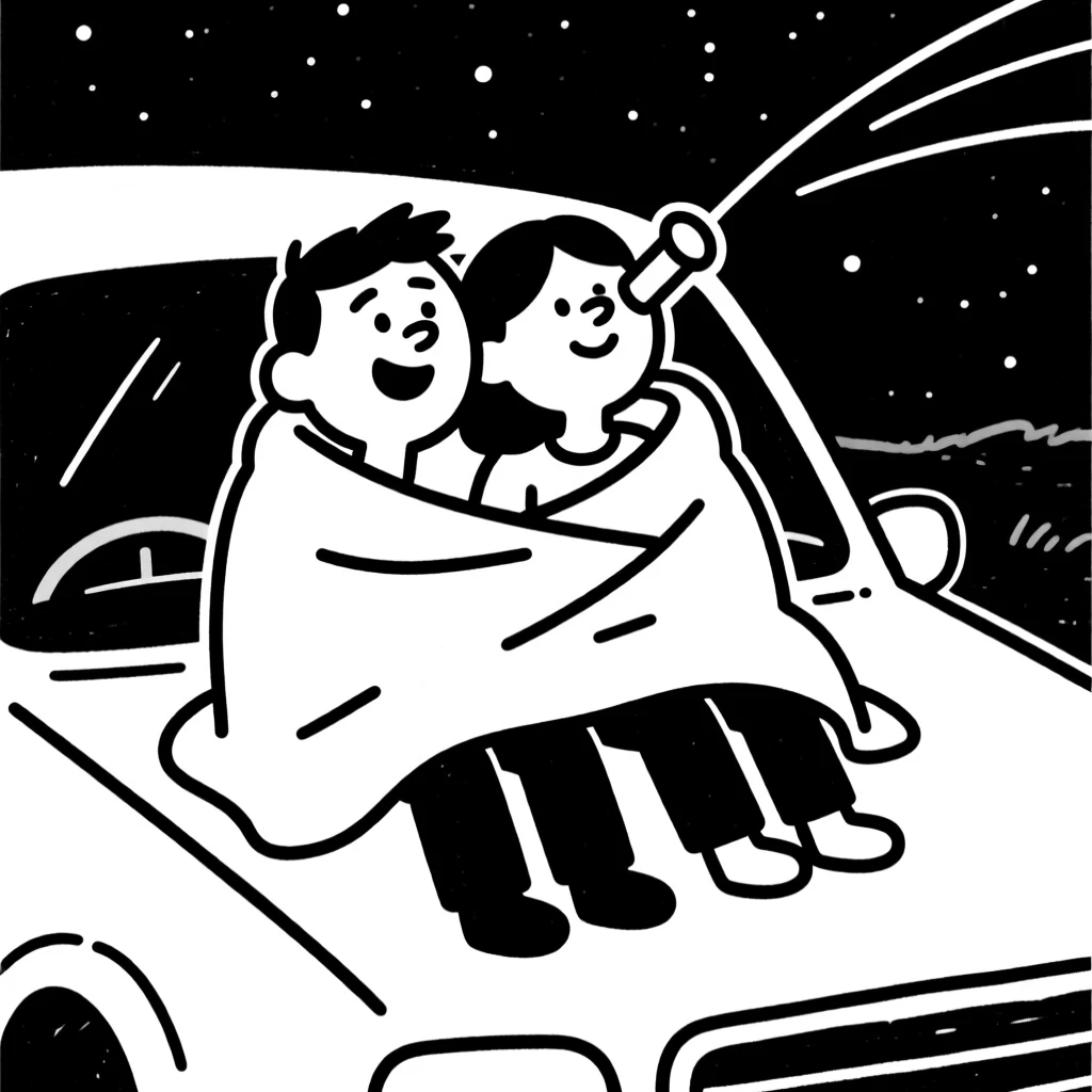 Two people stargazing together, wrapped in a blanket on a car hood.