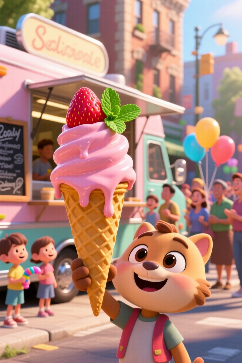 A scoop of melting strawberry ice cream in a waffle cone sits at a food truck window on a lively street, garnished with a sprig of fresh mint. The mood is festive and appetizing.
