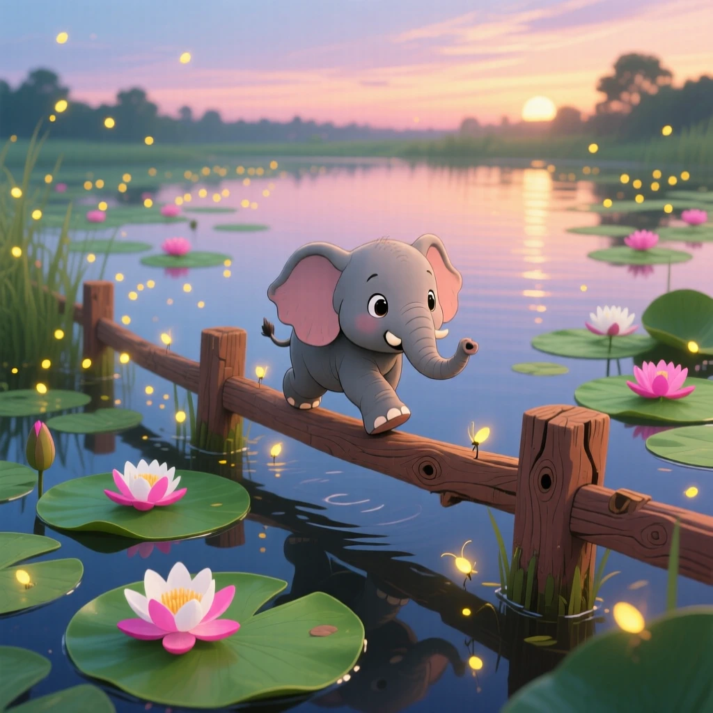 In a lily-covered pond, a wobbly baby elephant spends the afternoon hopping along a wooden fence, while fireflies begin to glow.
