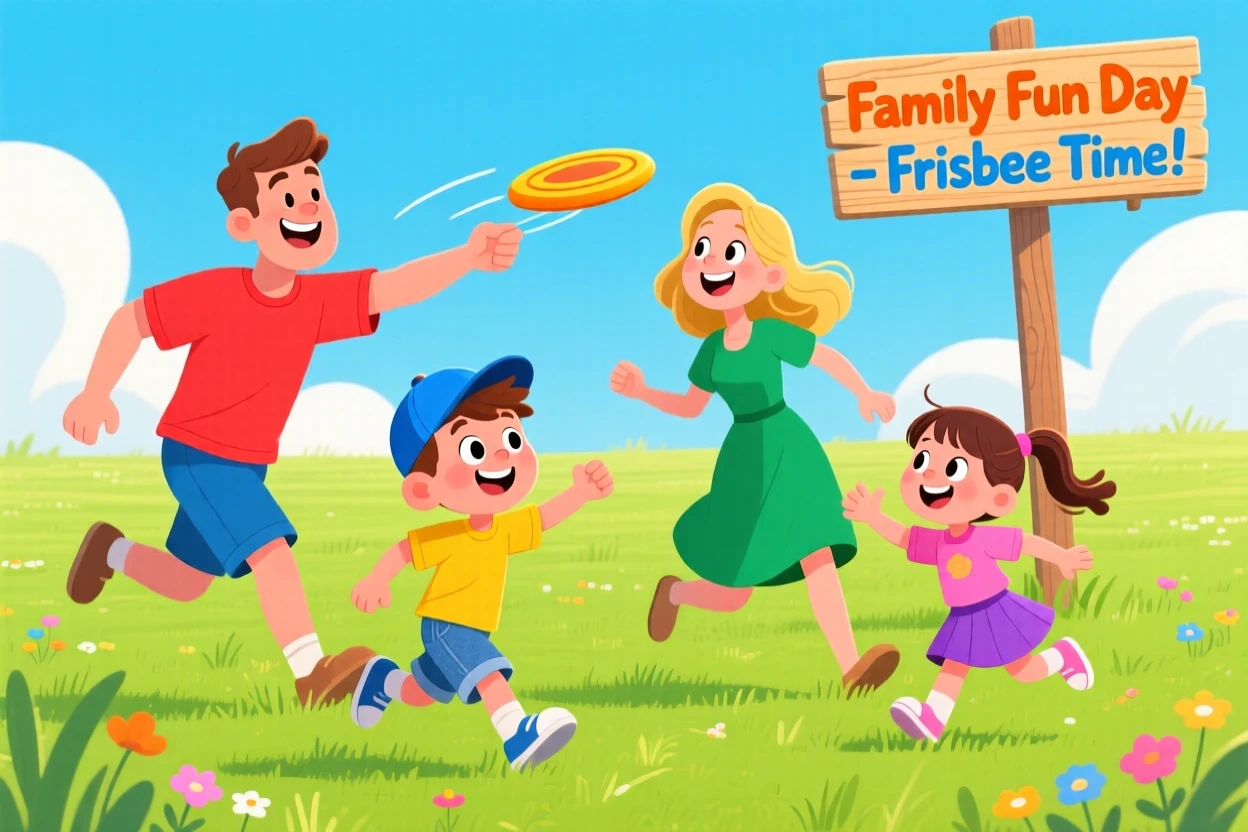 A family playing frisbee together on a wide open lawn.