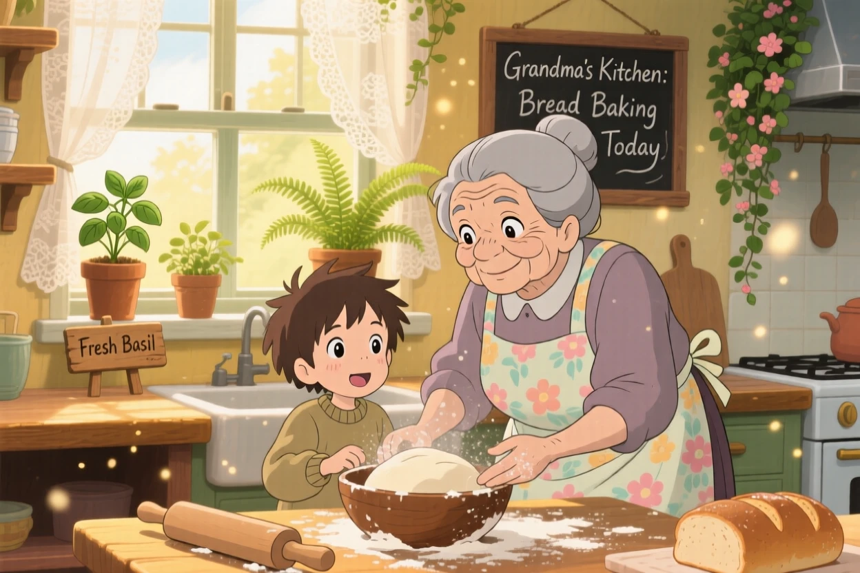 A grandmother teaching her grandchild to bake bread, potted plants lining the windowsill, the whole scene feeling full of homely charm.