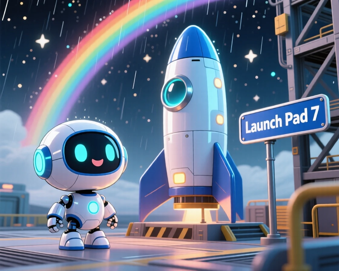 A small round robot companion beeping happily beside a rocket ship, framed as a three-quarter view within a launch pad under a starry sky, under a rainbow after the rain, glowing under diffused overcast light, evoking curious excitement.