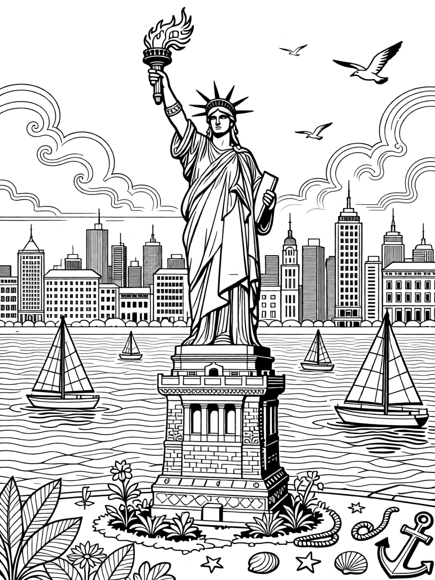 A great harbor statue rising against a city skyline.
