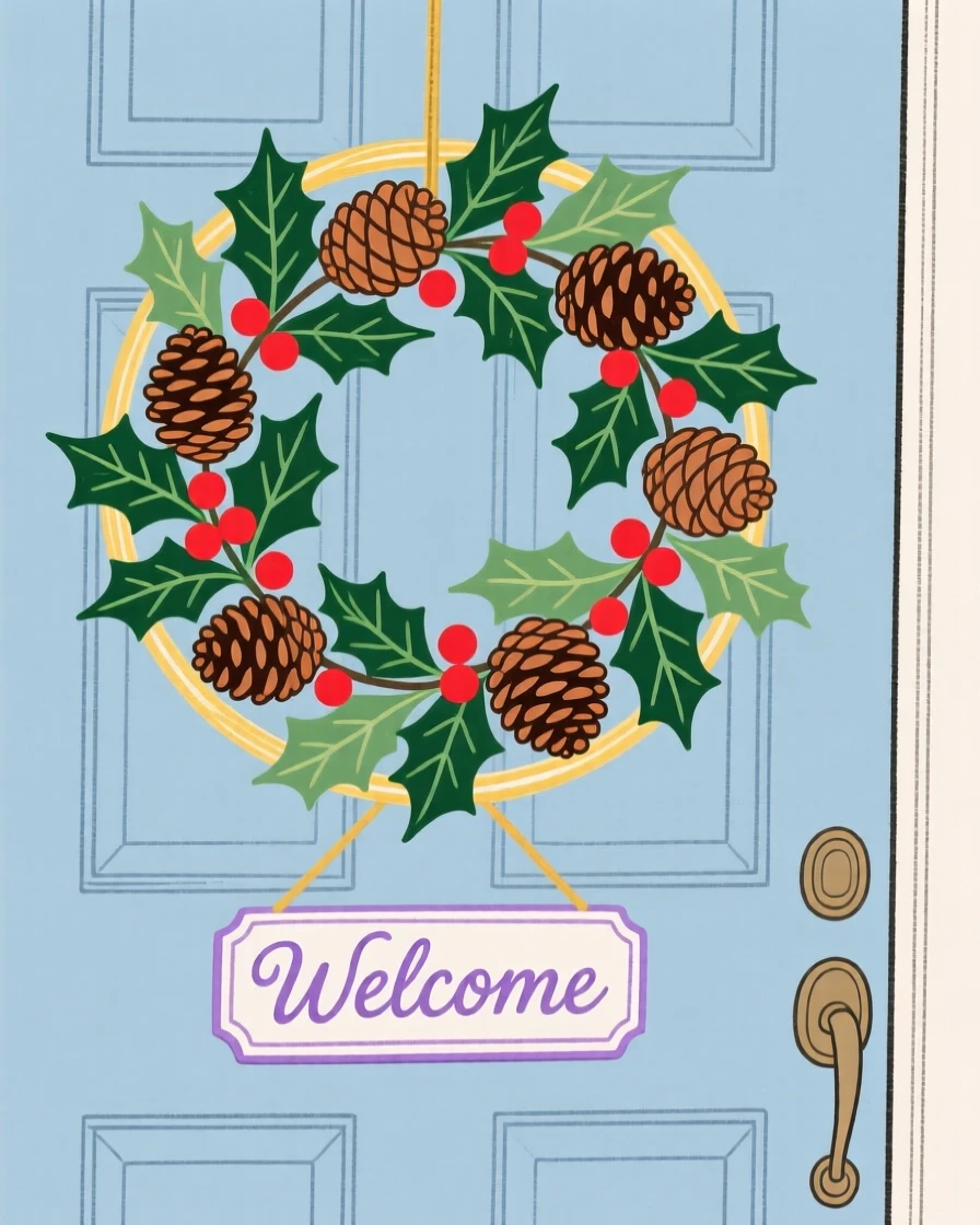 A festive wreath of pinecones and holly on a front door.