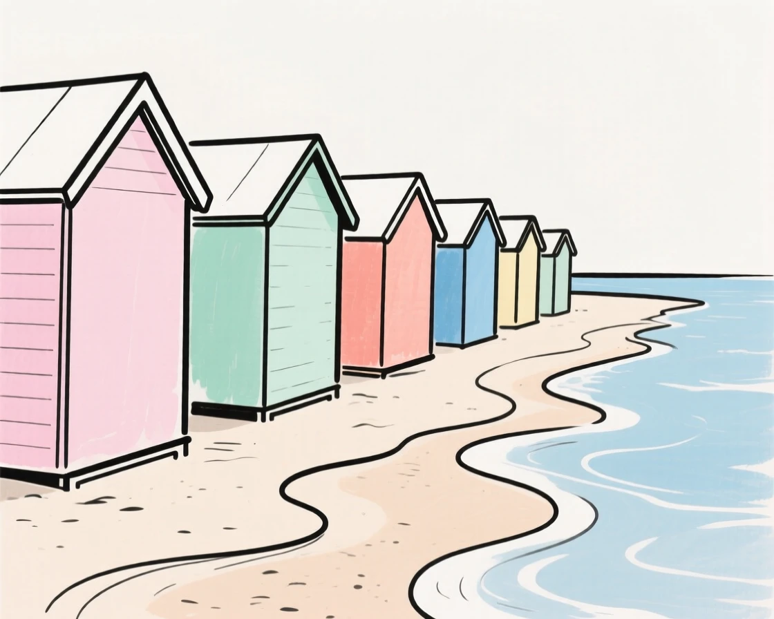 A row of beach huts on a shoreline