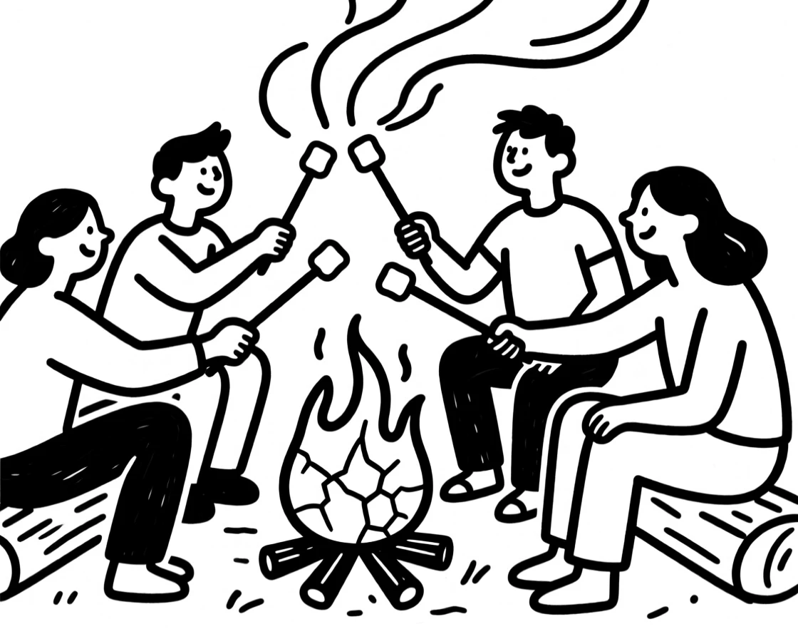 A group of friends toasting marshmallows around a campfire.